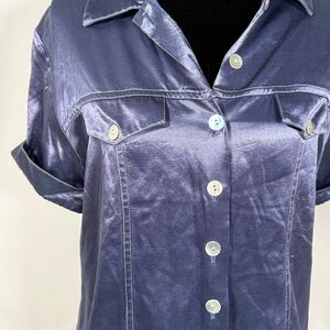Satin Navy Short-Sleeve Button-Down Shirt